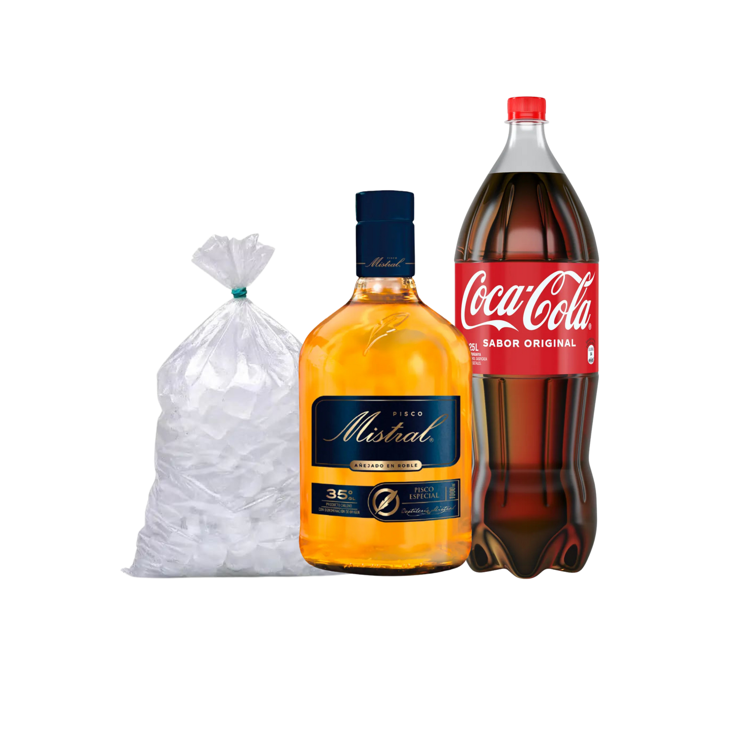 Promo Pisco Mistral 35° 1lt + Coca Cola 2,5lt + Hielo 1kg