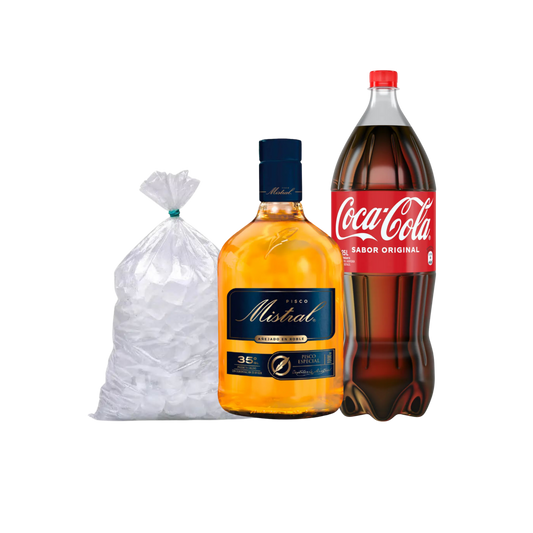 Promo Pisco Mistral 35° 1lt + Coca Cola 2,5lt + Hielo 1kg