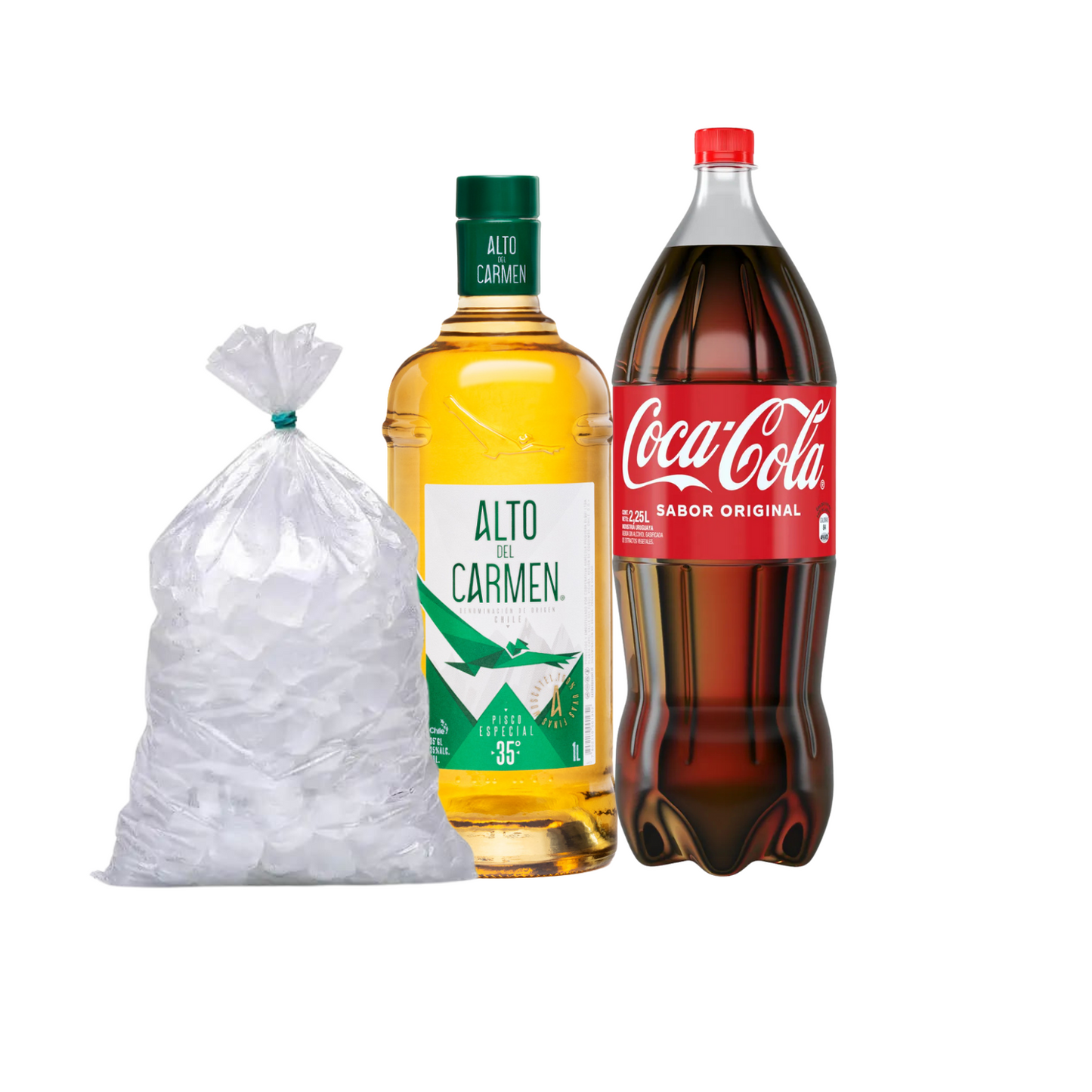 Promo Pisco Alto del carmen 35° 1lt + Coca Cola 2,5lt + Hielo 1kg